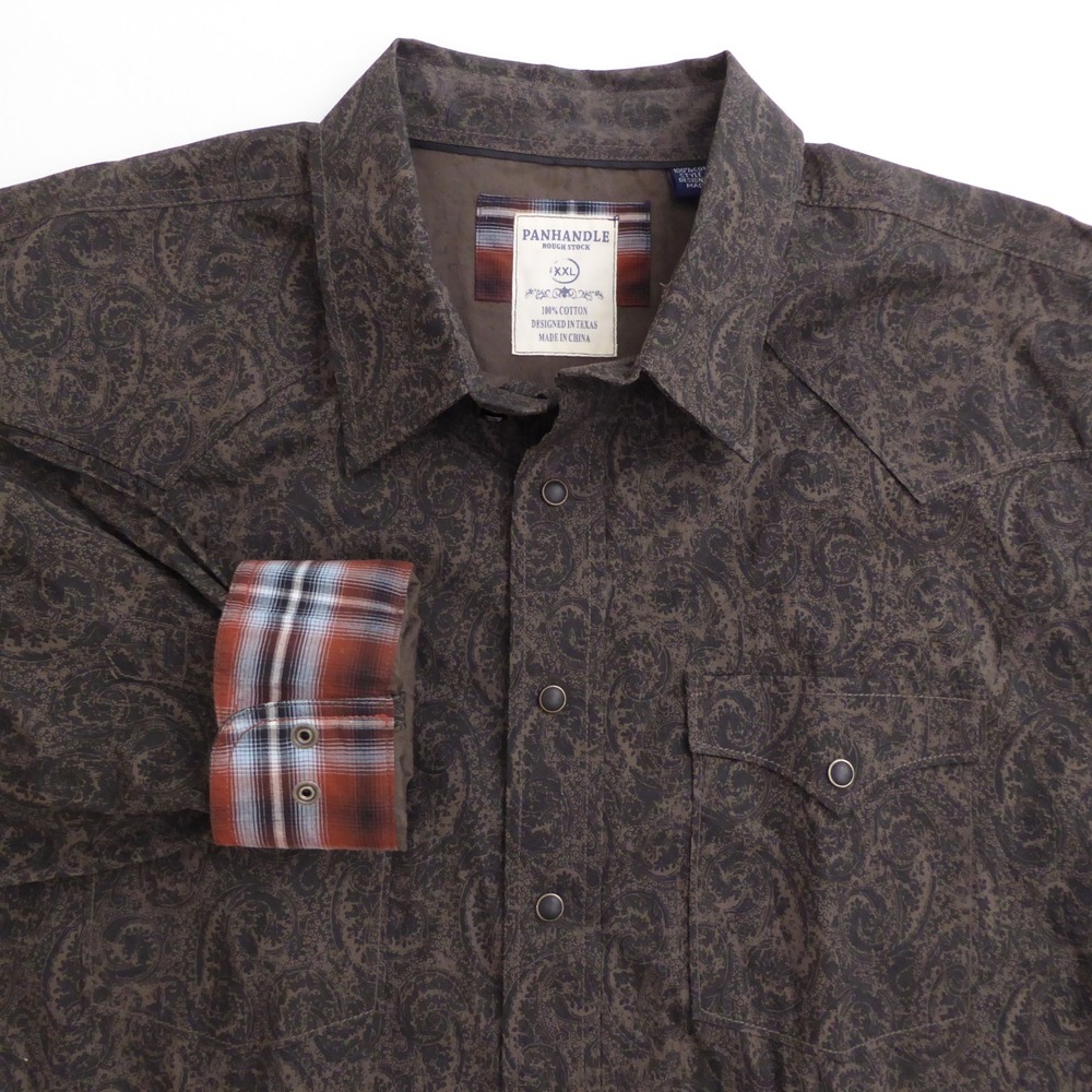 Panhandle Rough Stock Mens Western Shirt Brown Paisley Pearl Snap Button XXL